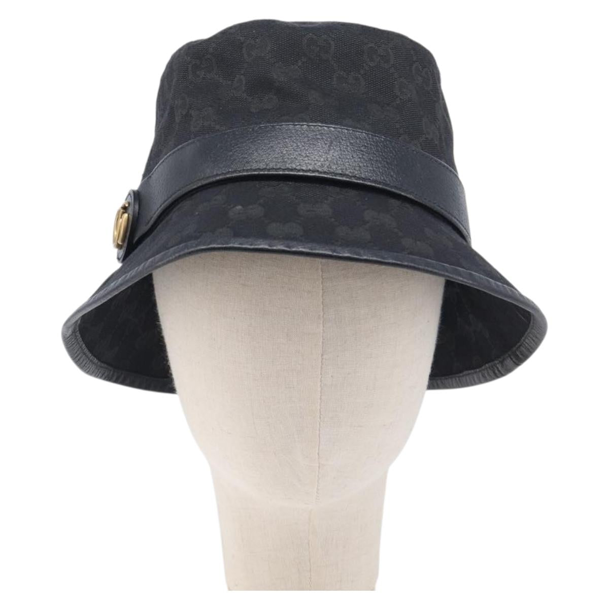 GUCCI GG Canvas Bucket Hat Black Gold Tone 576587 Auth BA16873V