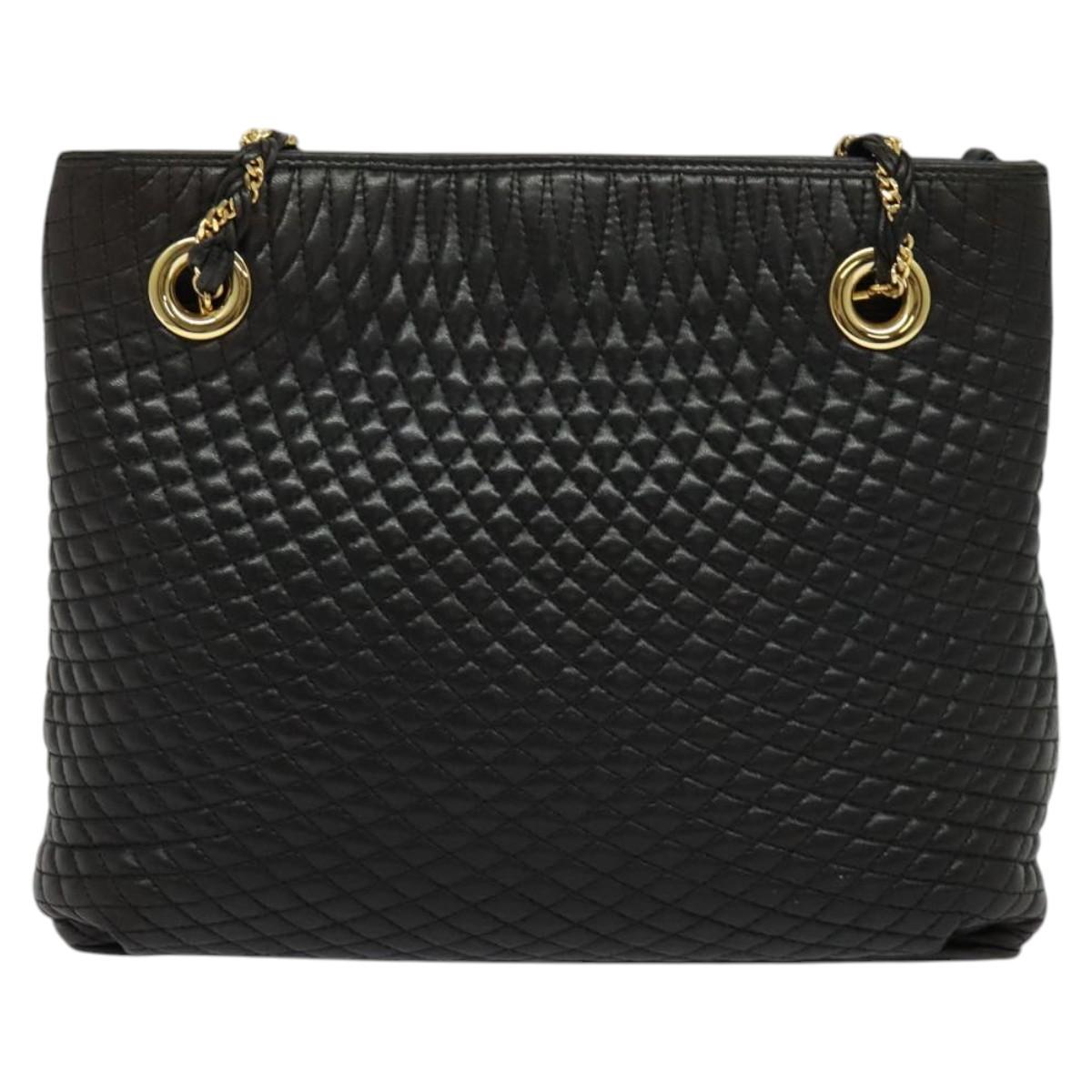 BALLY Quilted Chain Shoulder Bag Leather Black Gold Auth BA1691
