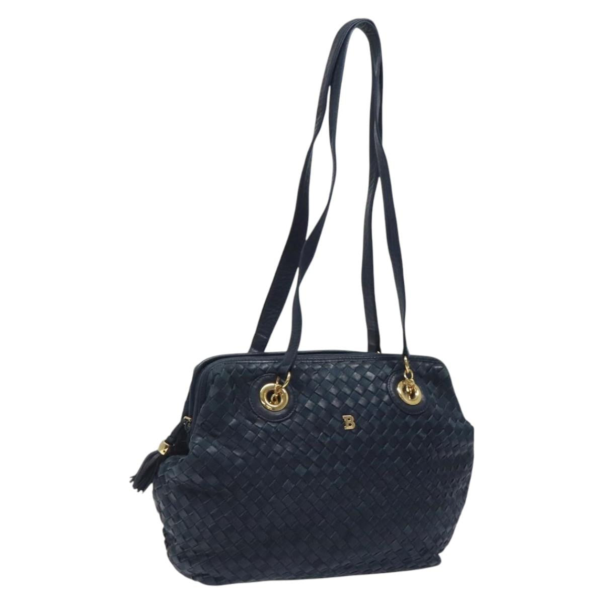 BALLY Shoulder Bag Leather Navy Gold Auth BA1693