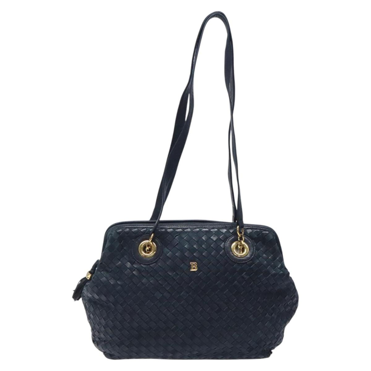 BALLY Shoulder Bag Leather Navy Gold Auth BA1693