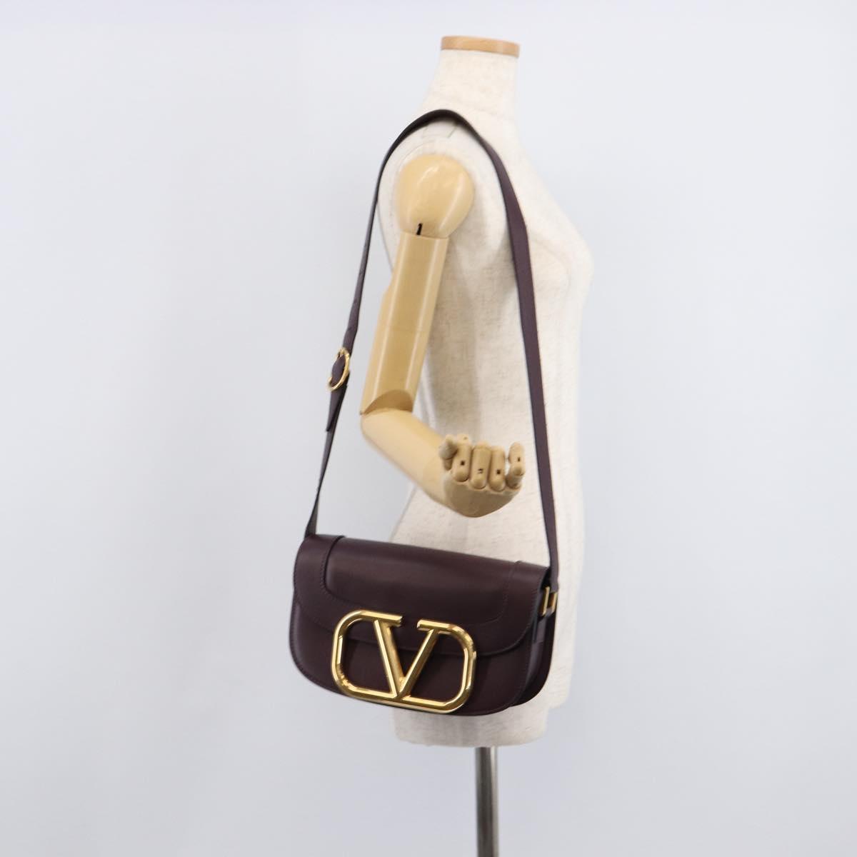 Valentino Super Vee Shoulder Bag Leather Bordeaux Gold Auth BA16991V