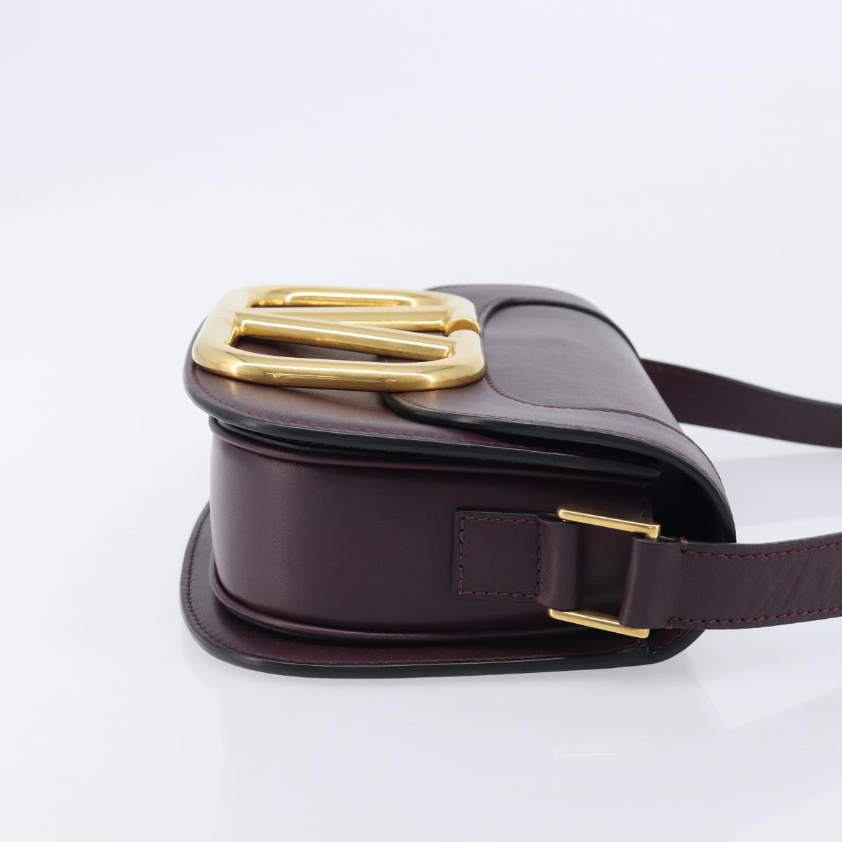 Valentino Super Vee Shoulder Bag Leather Bordeaux Gold Auth BA16991V