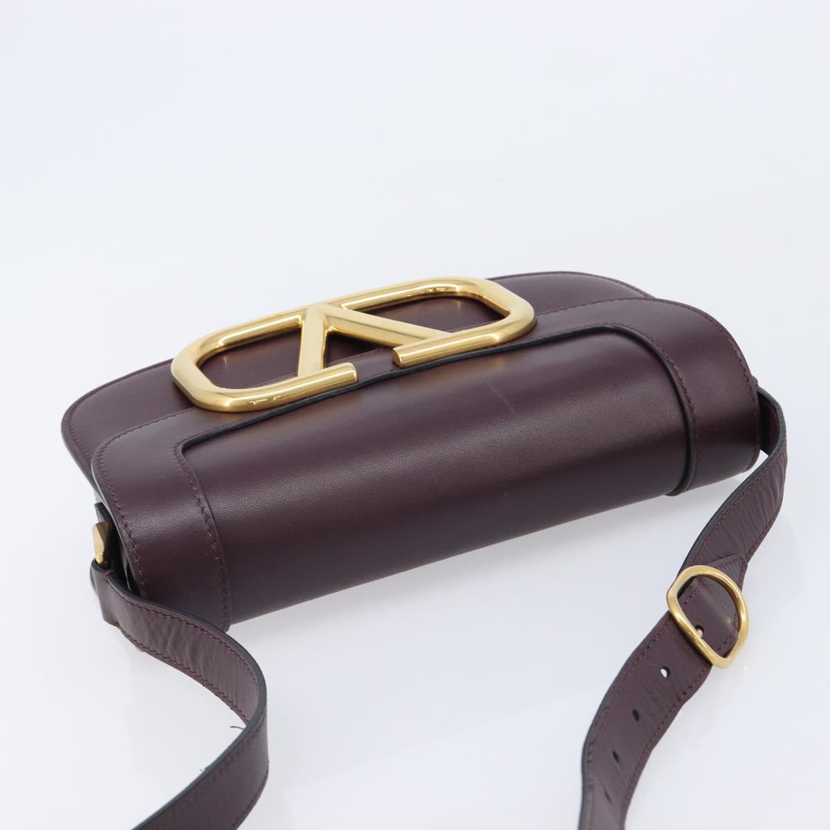 Valentino Super Vee Shoulder Bag Leather Bordeaux Gold Auth BA16991V