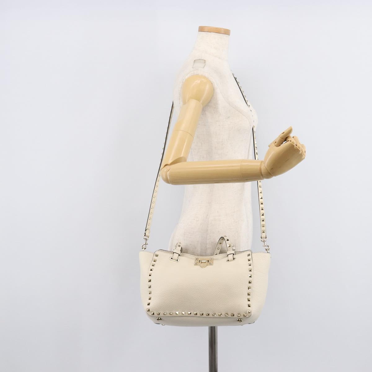 Valentino Rock Studs Hand Bag Leather 2way White Gold Auth BA16999A