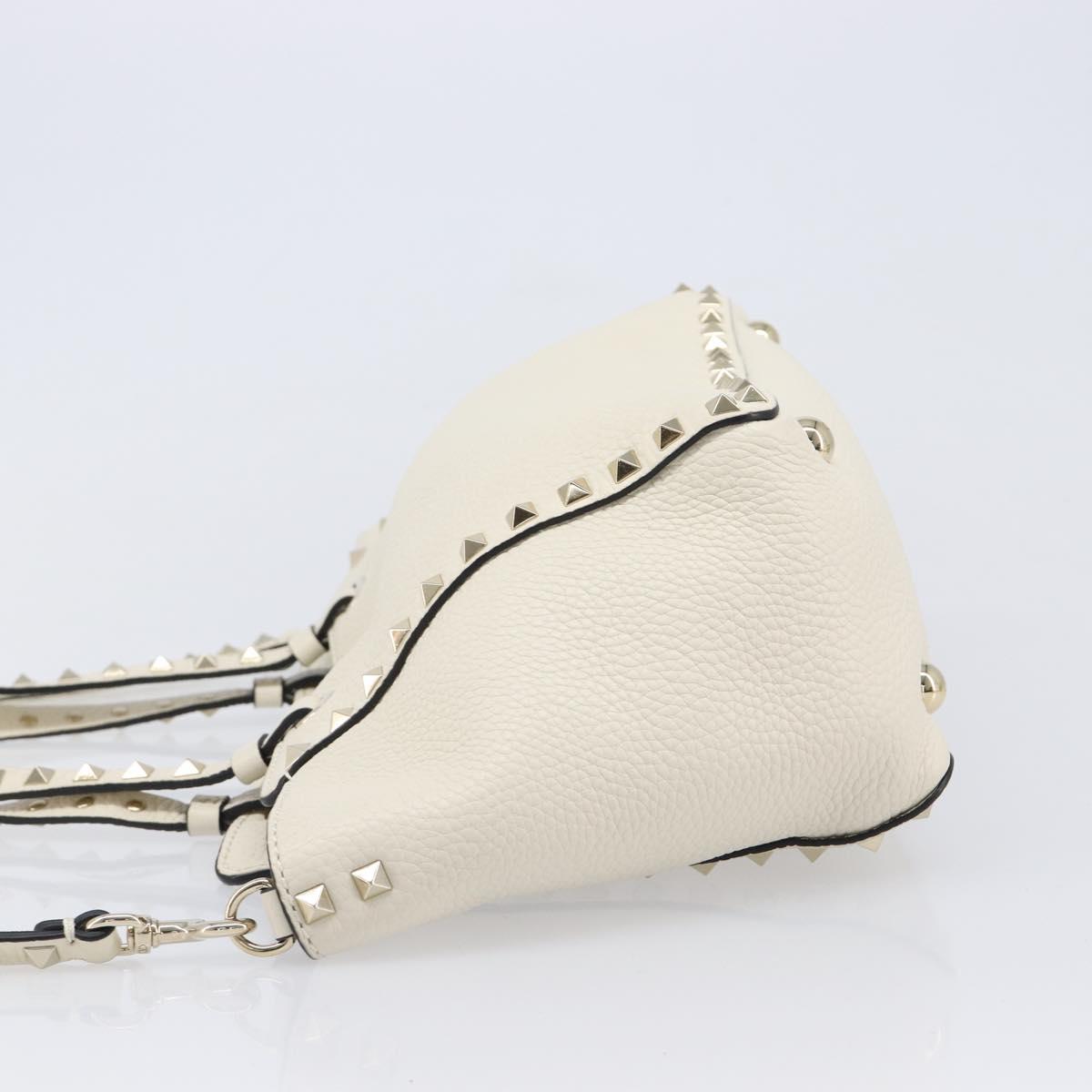 Valentino Rock Studs Hand Bag Leather 2way White Gold Auth BA16999A