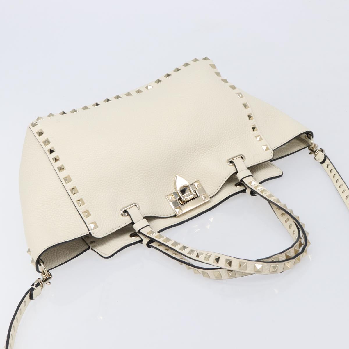 Valentino Rock Studs Hand Bag Leather 2way White Gold Auth BA16999A