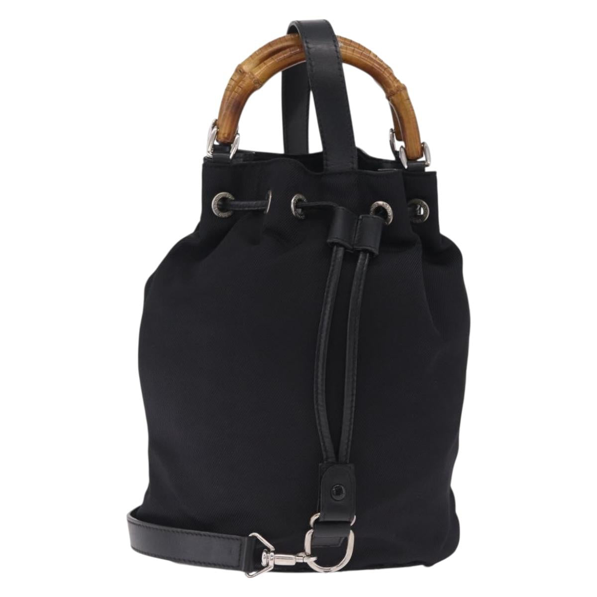 GUCCI Bamboo Hand Bag Nylon 2way Black Silver Auth BA17005