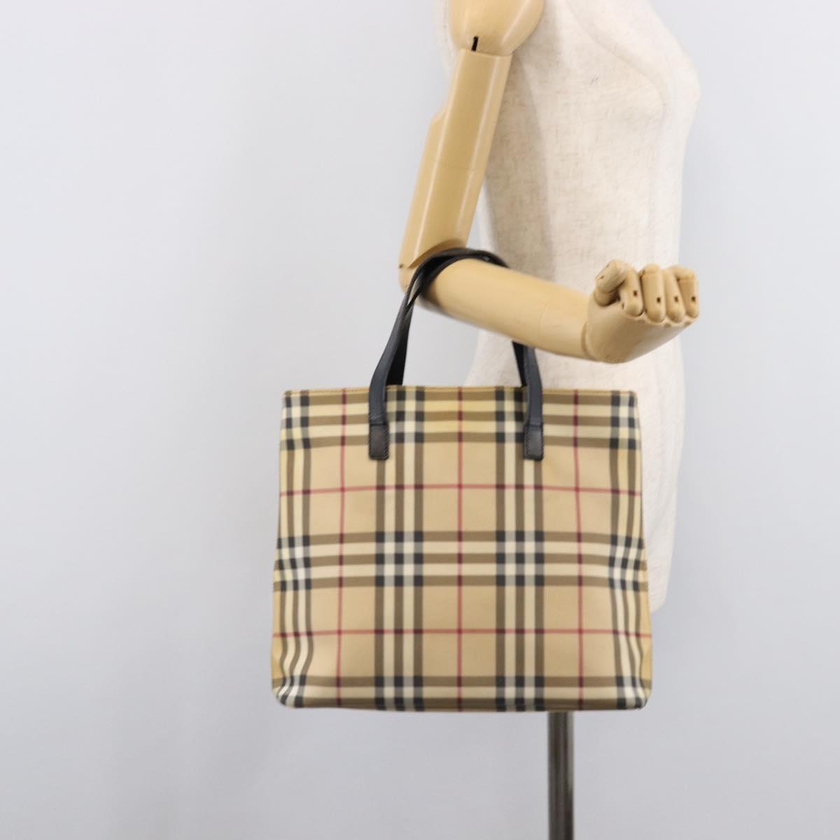 BURBERRY Nova Check Hand Bag PVC Leather Beige Auth BA17012