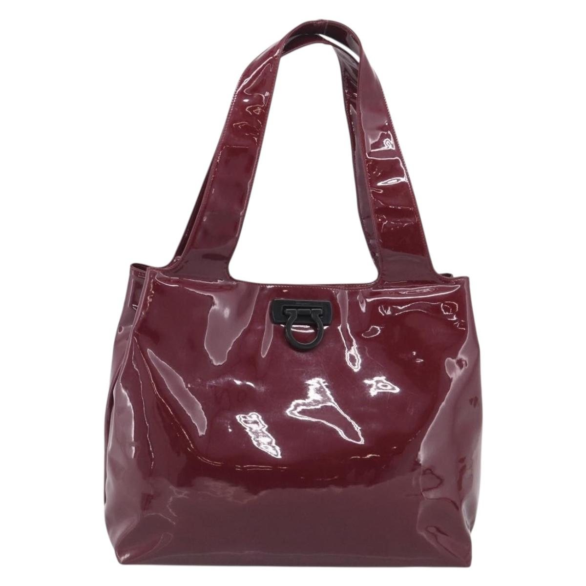 Salvatore Ferragamo Gancini Shoulder Bag Patent Bordeaux Silver Auth BA17014
