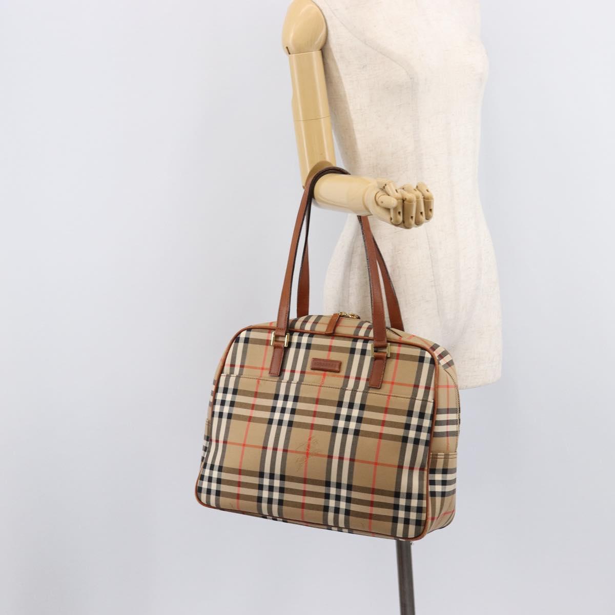 BURBERRY Nova Check Boston Bag Canvas Beige Gold Auth BA17025