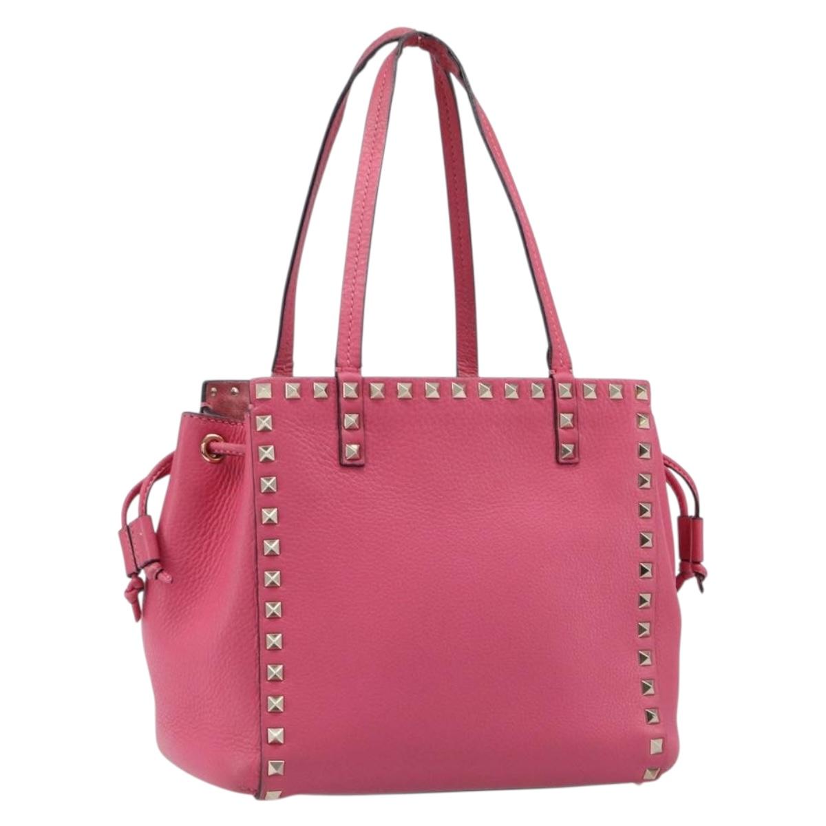 Valentino Rock Studs Hand Bag Leather Pink Gold Auth BA17029