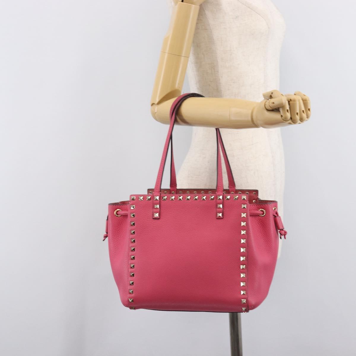 Valentino Rock Studs Hand Bag Leather Pink Gold Auth BA17029