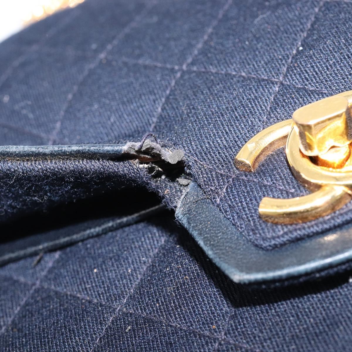 CHANEL Matelasse Double Flap Chain Shoulder Bag Cotton Navy Gold CC Auth BA17030