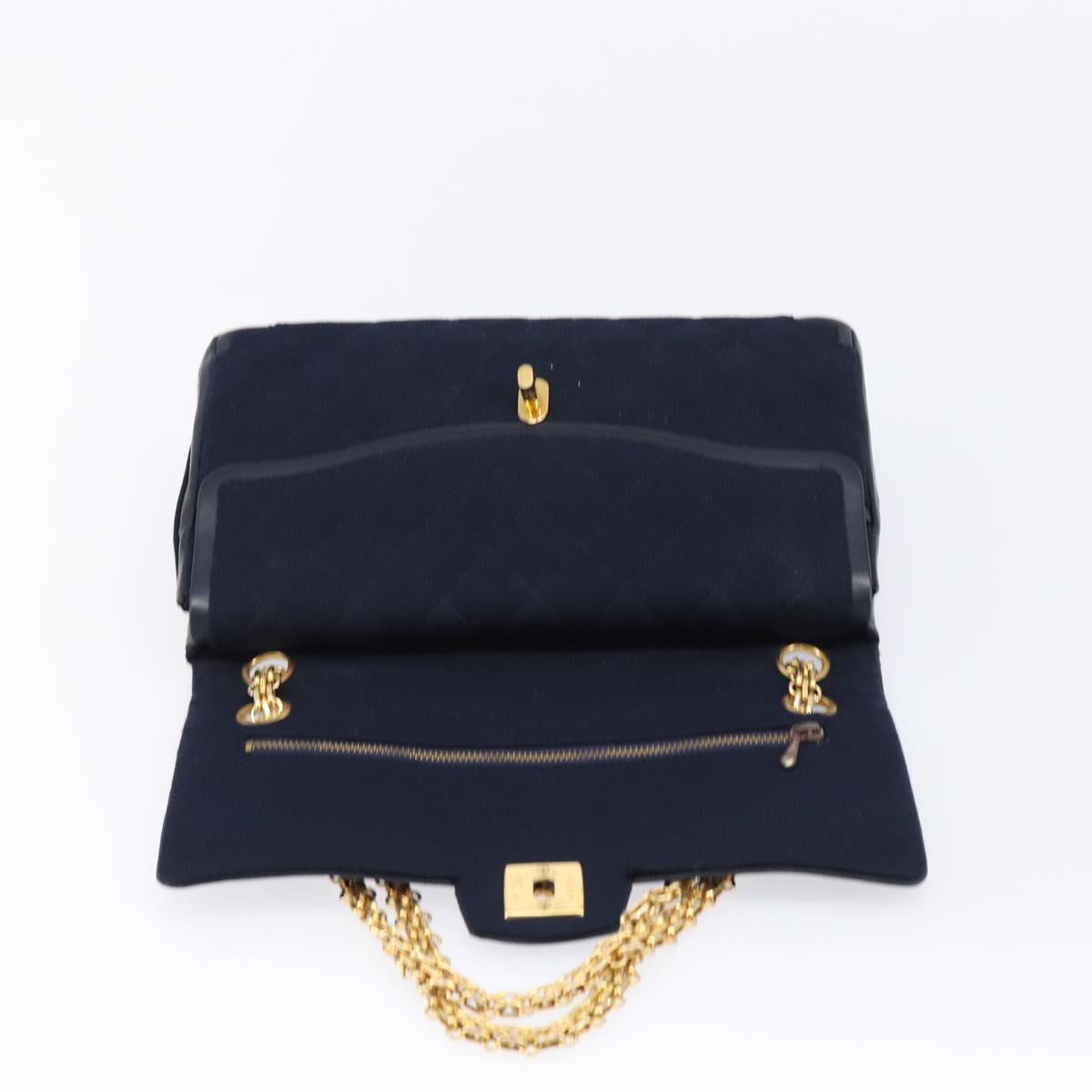 CHANEL Matelasse Double Flap Chain Shoulder Bag Cotton Navy Gold CC Auth BA17030