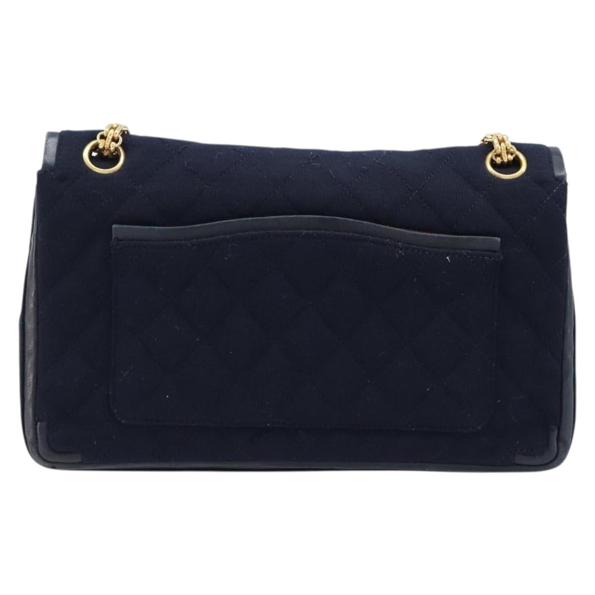 CHANEL Matelasse Double Flap Chain Shoulder Bag Cotton Navy Gold CC Auth BA17030