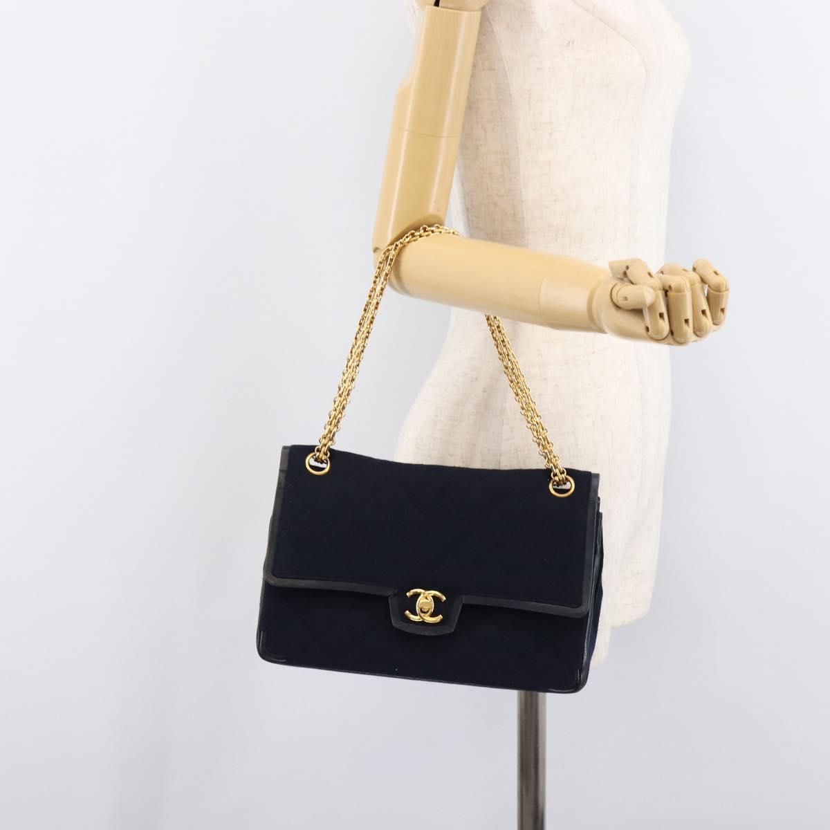 CHANEL Matelasse Double Flap Chain Shoulder Bag Cotton Navy Gold CC Auth BA17030