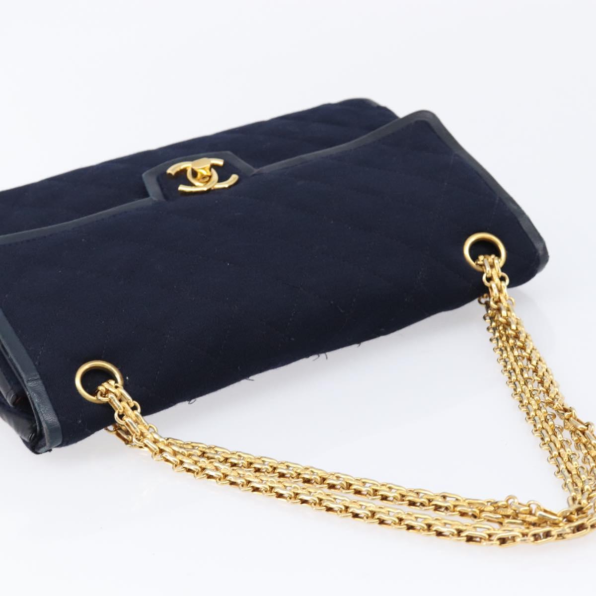 CHANEL Matelasse Double Flap Chain Shoulder Bag Cotton Navy Gold CC Auth BA17030