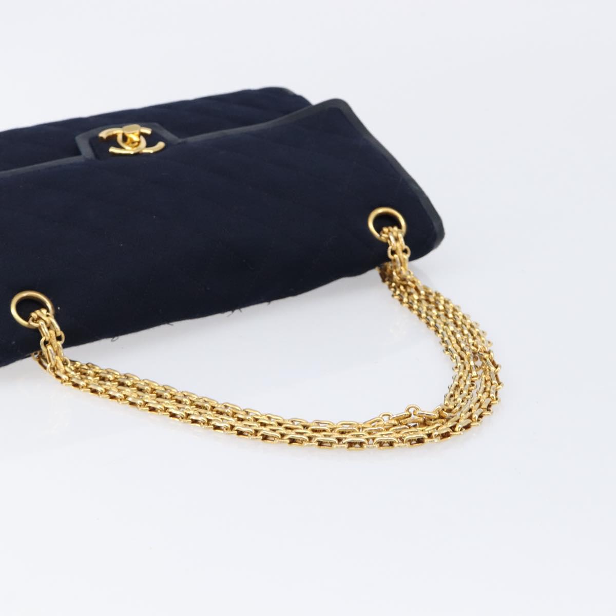 CHANEL Matelasse Double Flap Chain Shoulder Bag Cotton Navy Gold CC Auth BA17030