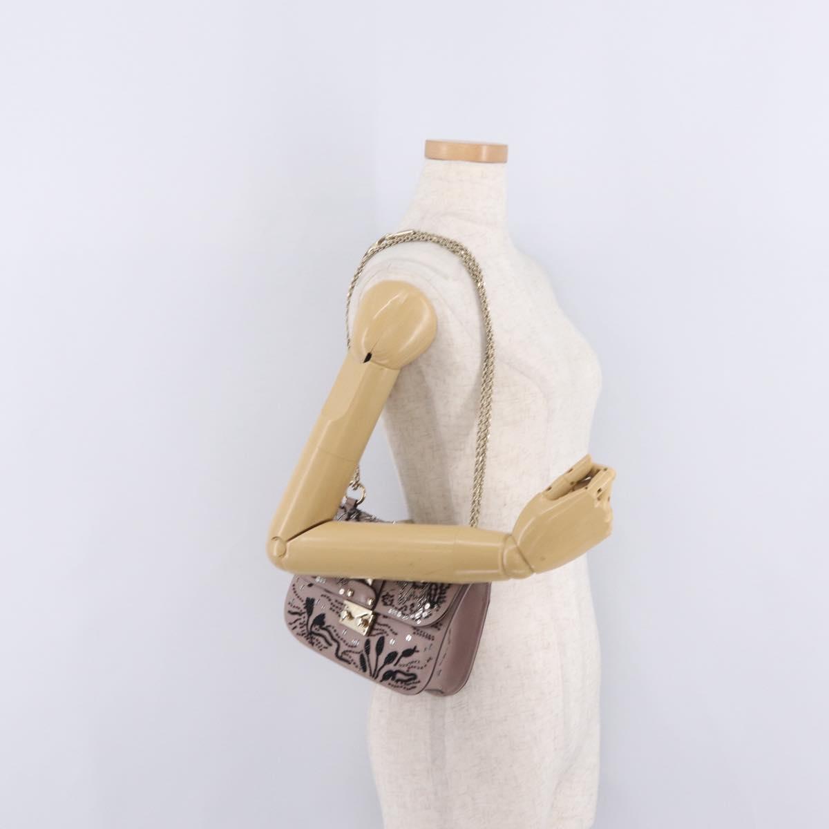 Valentino Glam Rock Bead Chain Shoulder Bag Leather Gray Gold Auth BA17031V