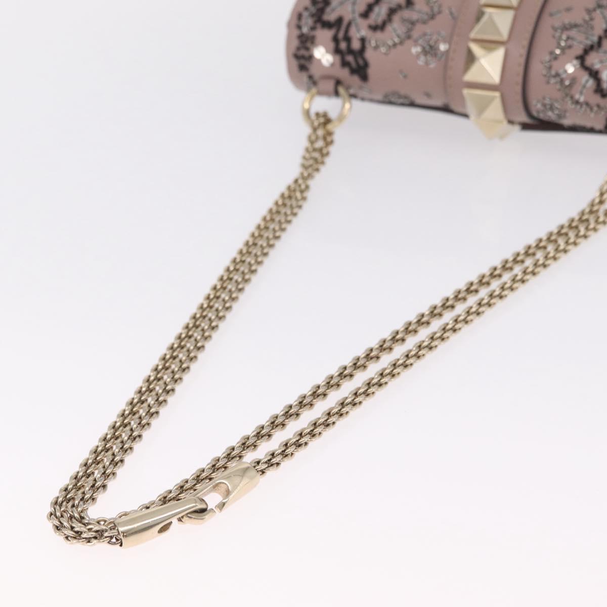 Valentino Glam Rock Bead Chain Shoulder Bag Leather Gray Gold Auth BA17031V