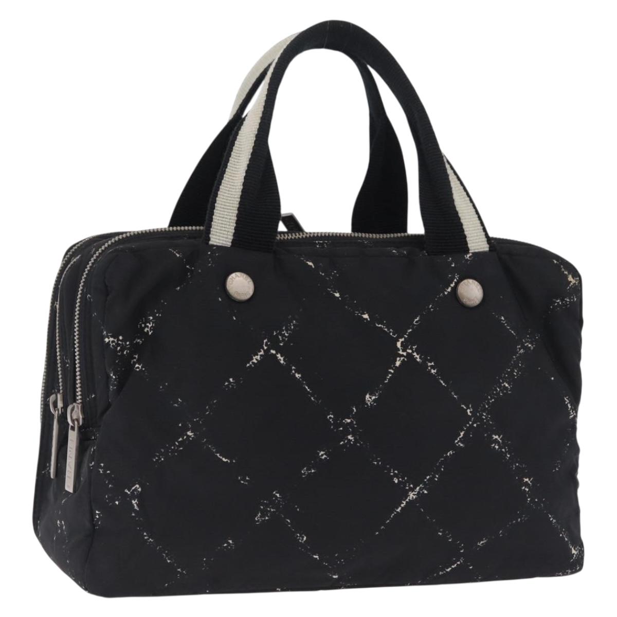 CHANEL Travel Line Hand Bag Nylon Black Silver CC Auth BA17042