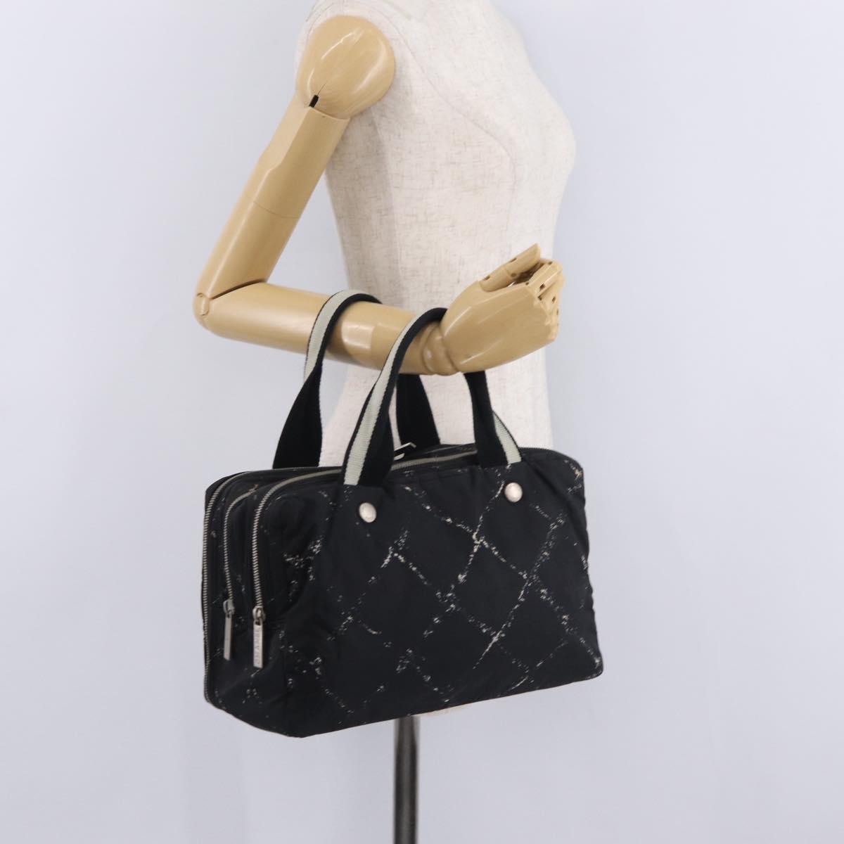 CHANEL Travel Line Hand Bag Nylon Black Silver CC Auth BA17042