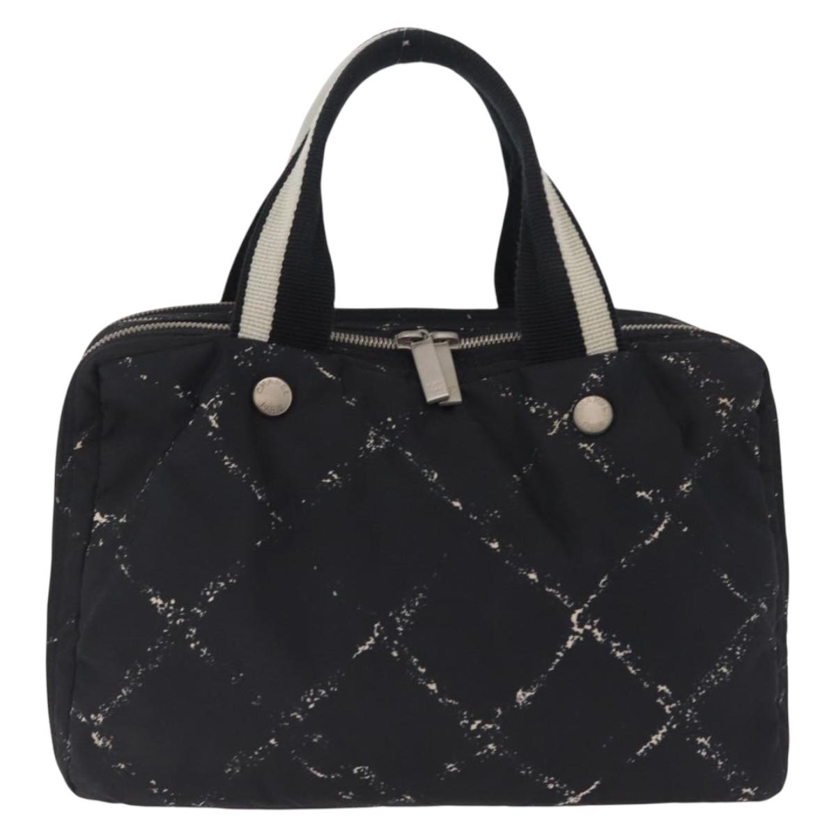 CHANEL Travel Line Hand Bag Nylon Black Silver CC Auth BA17042