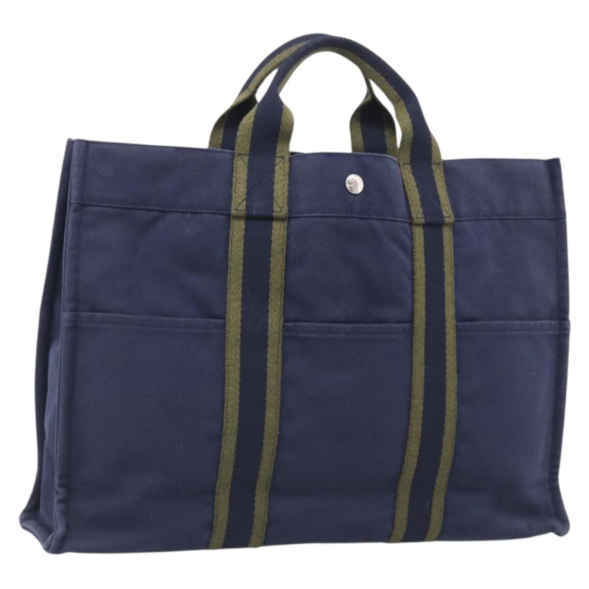 HERMES Fourre Tout MM Hand Bag Canvas Navy Silver Auth BA17045