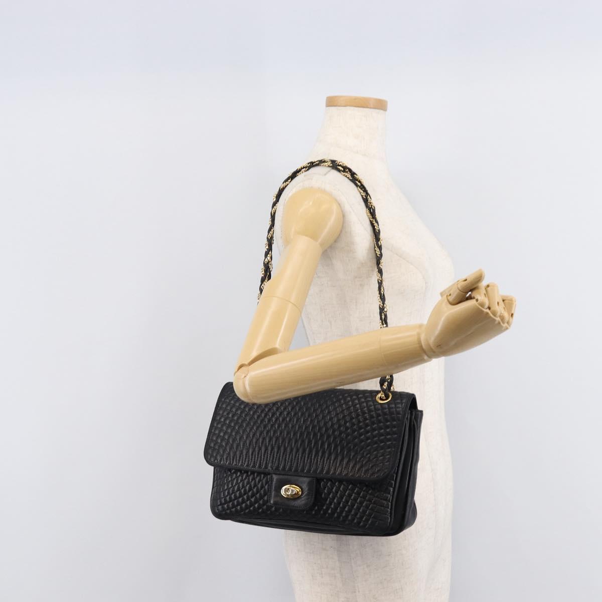 Bally Chain Shoulder Bag Leather Black Gold Auth BA17048
