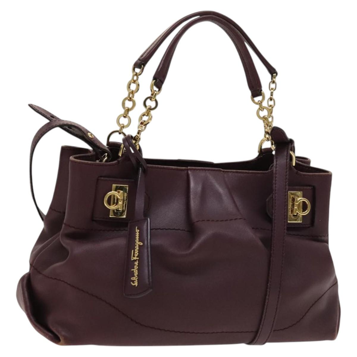 Salvatore Ferragamo Gancini Chain Hand Bag Leather 2way Purple Gold Auth BA1705