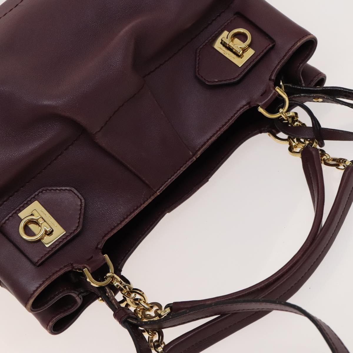 Salvatore Ferragamo Gancini Chain Hand Bag Leather 2way Purple Gold Auth BA1705