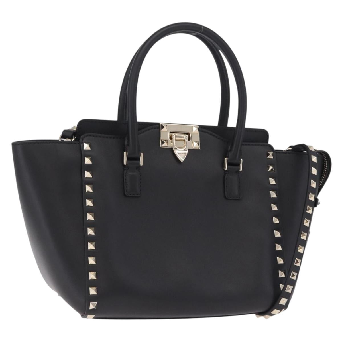 Valentino Rock Studs Hand Bag Leather 2way Black Gold Auth BA17055V