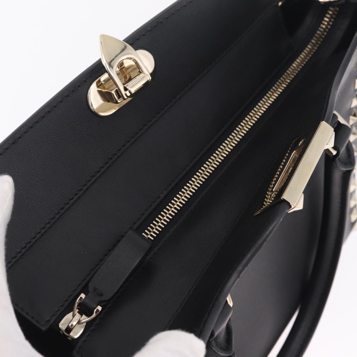 Valentino Rock Studs Hand Bag Leather 2way Black Gold Auth BA17055V