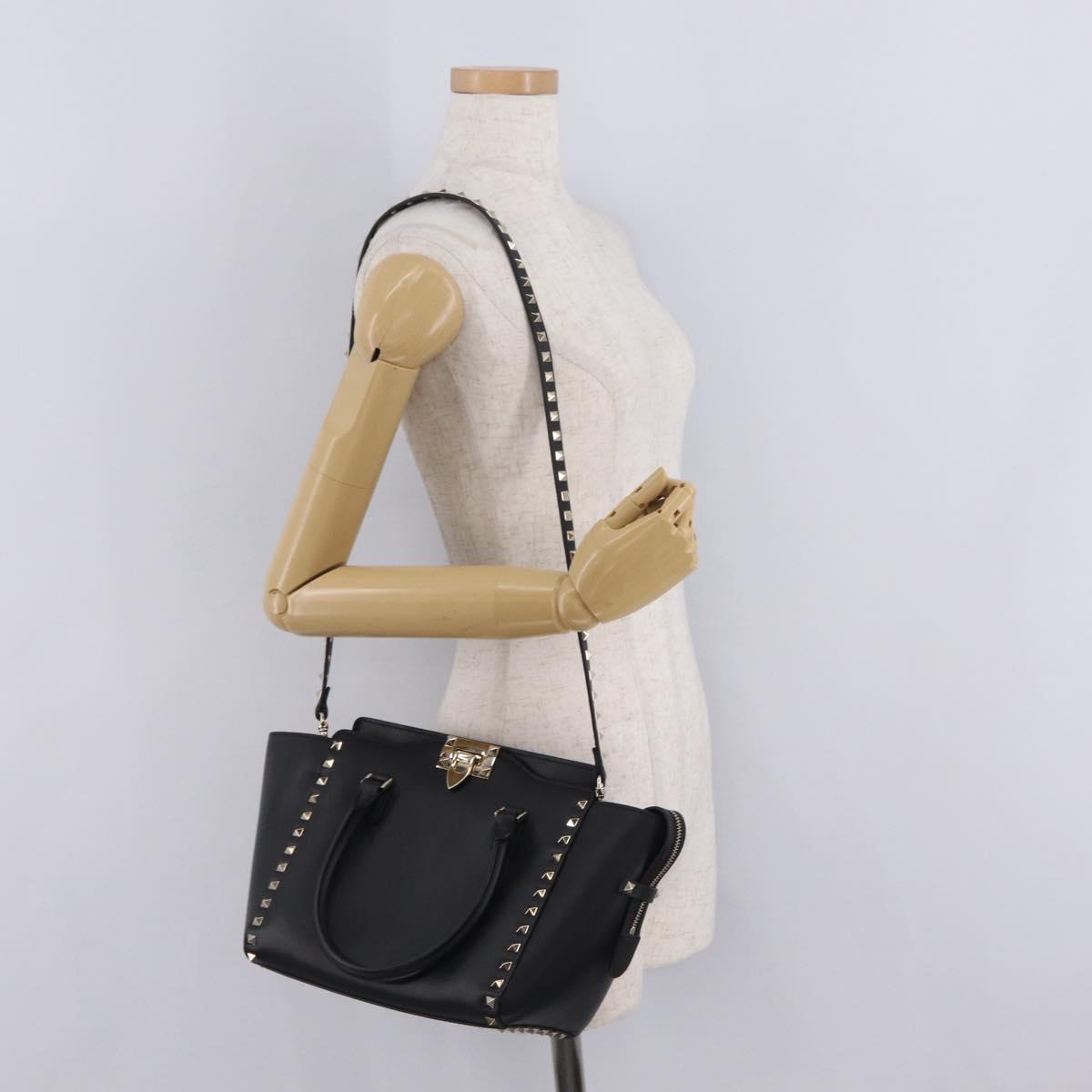 Valentino Rock Studs Hand Bag Leather 2way Black Gold Auth BA17055V