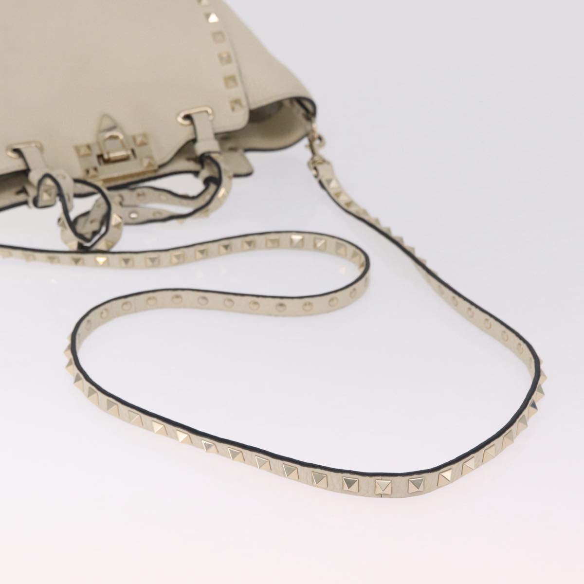Valentino Rock Studs Hand Bag Leather 2way Ivory Gold Auth BA17056