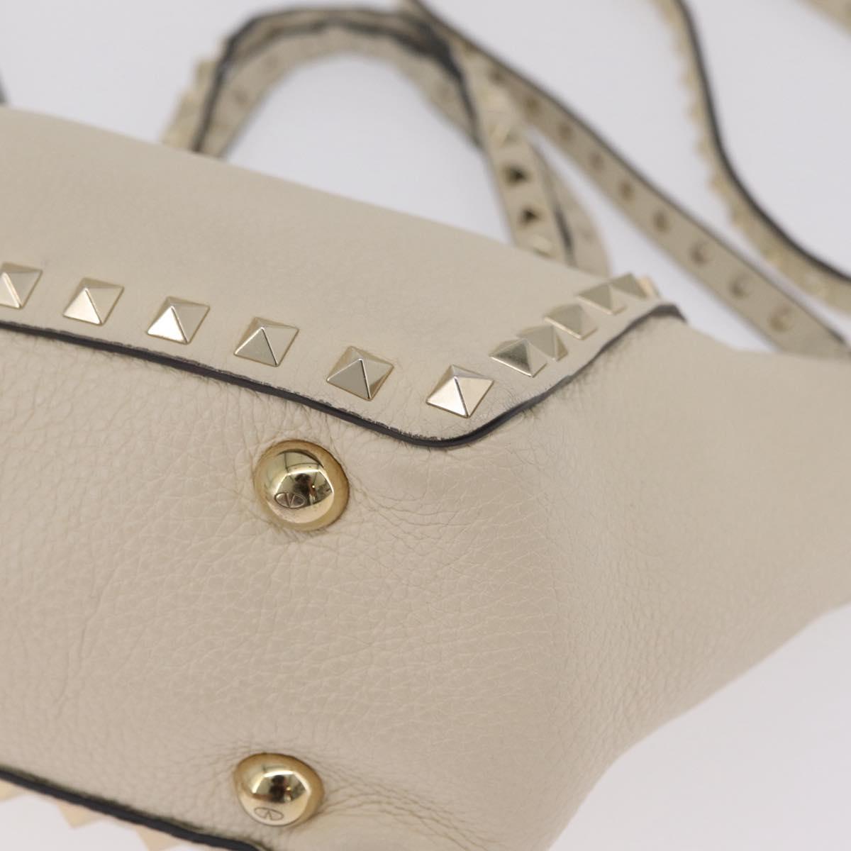 Valentino Rock Studs Hand Bag Leather 2way Ivory Gold Auth BA17056