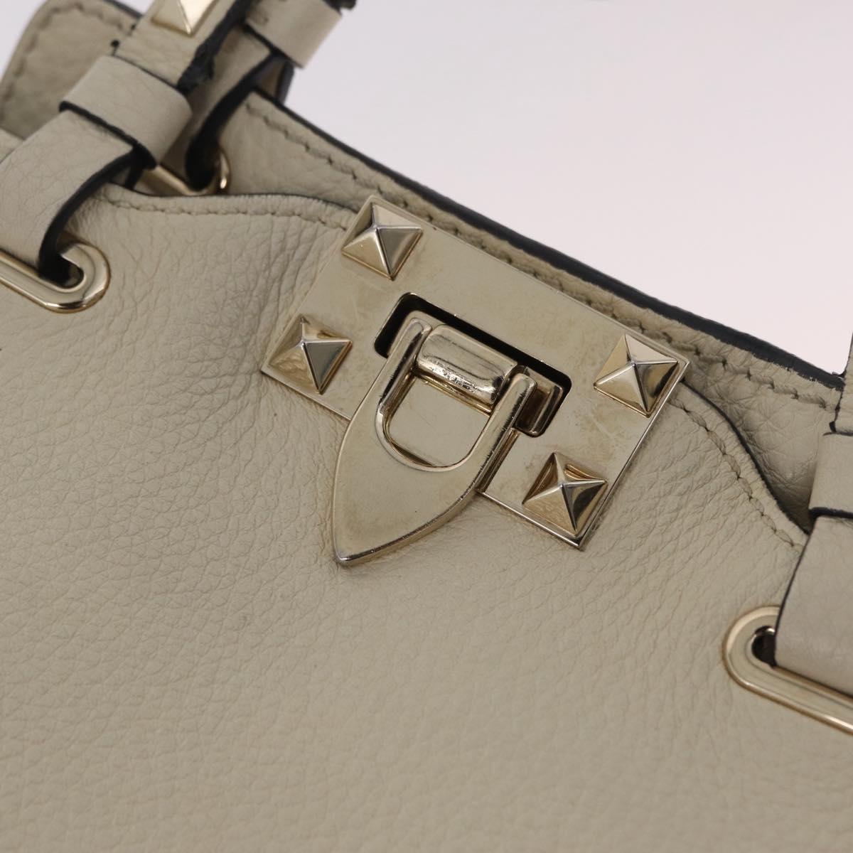 Valentino Rock Studs Hand Bag Leather 2way Ivory Gold Auth BA17056