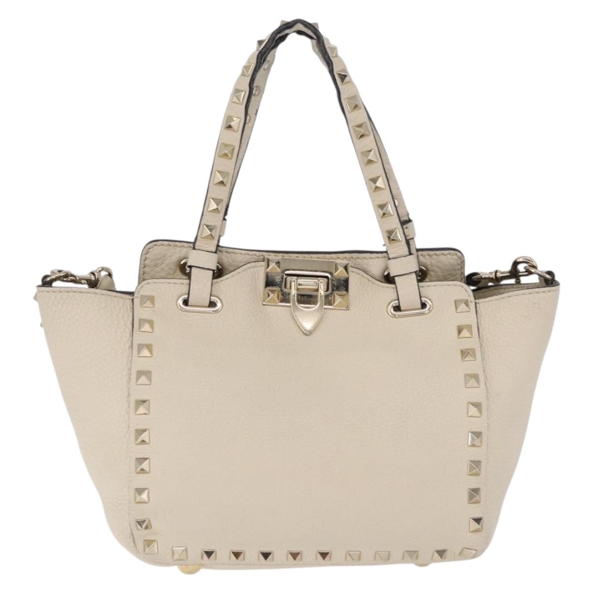 Valentino Rock Studs Hand Bag Leather 2way Ivory Gold Auth BA17056