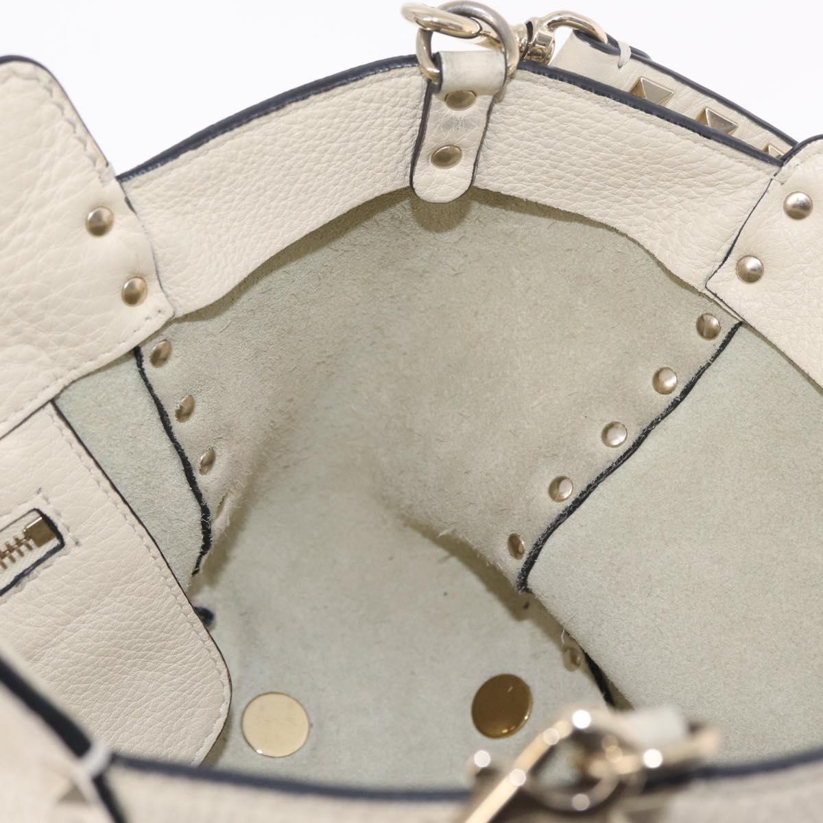 Valentino Rock Studs Hand Bag Leather 2way Ivory Gold Auth BA17056