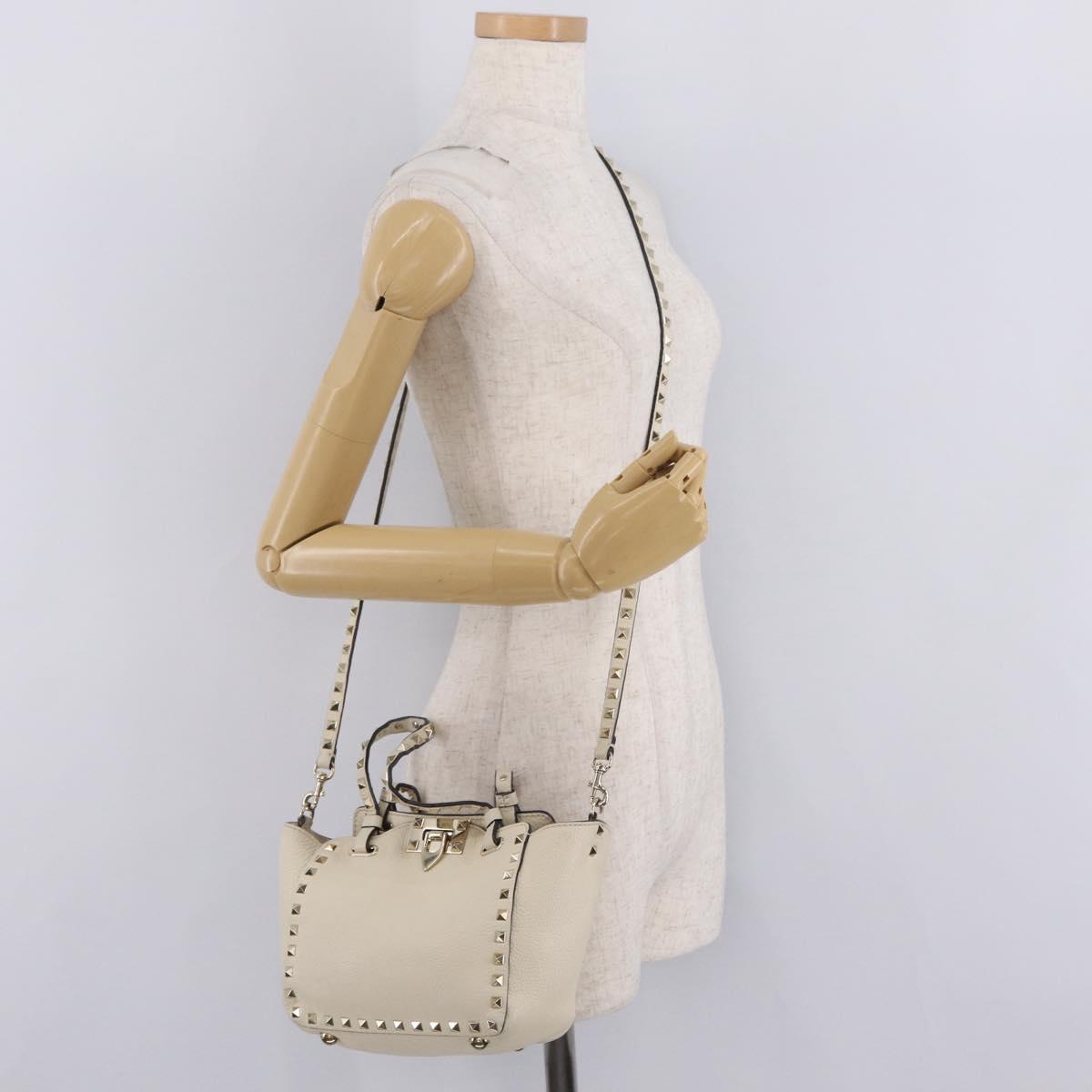 Valentino Rock Studs Hand Bag Leather 2way Ivory Gold Auth BA17056