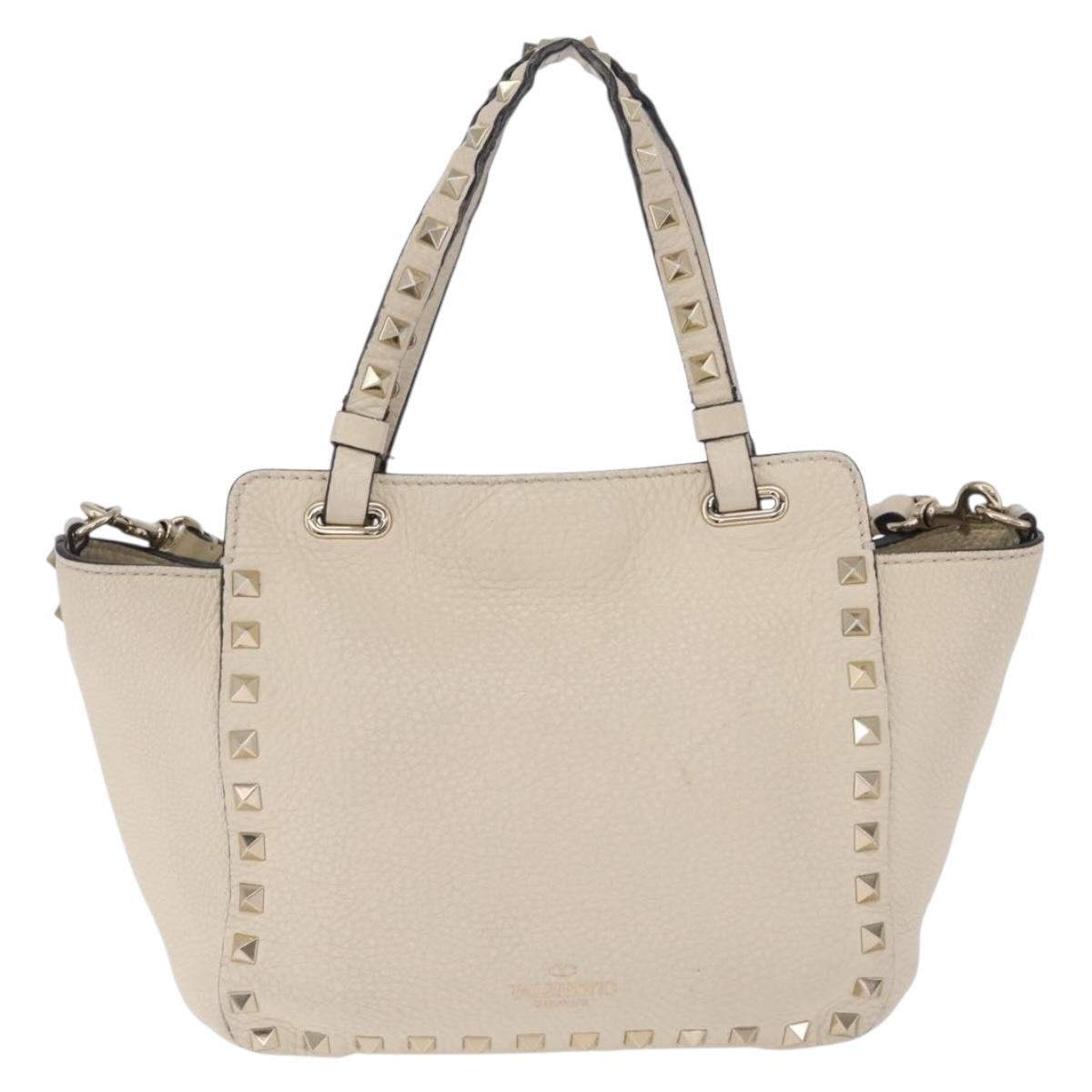 Valentino Rock Studs Hand Bag Leather 2way Ivory Gold Auth BA17056