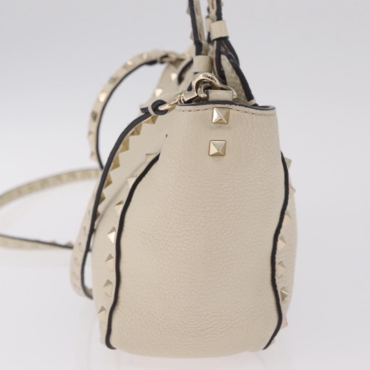 Valentino Rock Studs Hand Bag Leather 2way Ivory Gold Auth BA17056