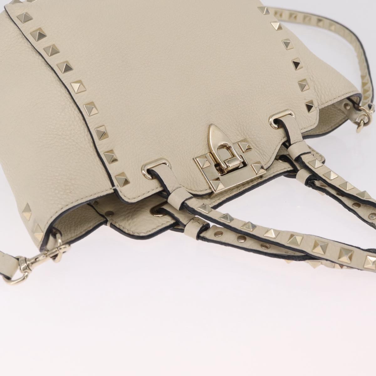 Valentino Rock Studs Hand Bag Leather 2way Ivory Gold Auth BA17056