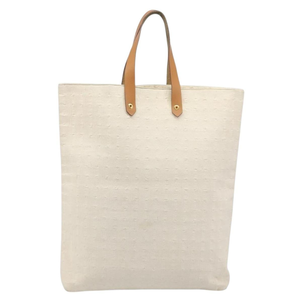 HERMES Amedaba GM Hand Bag Canvas White Brown Auth BA17059