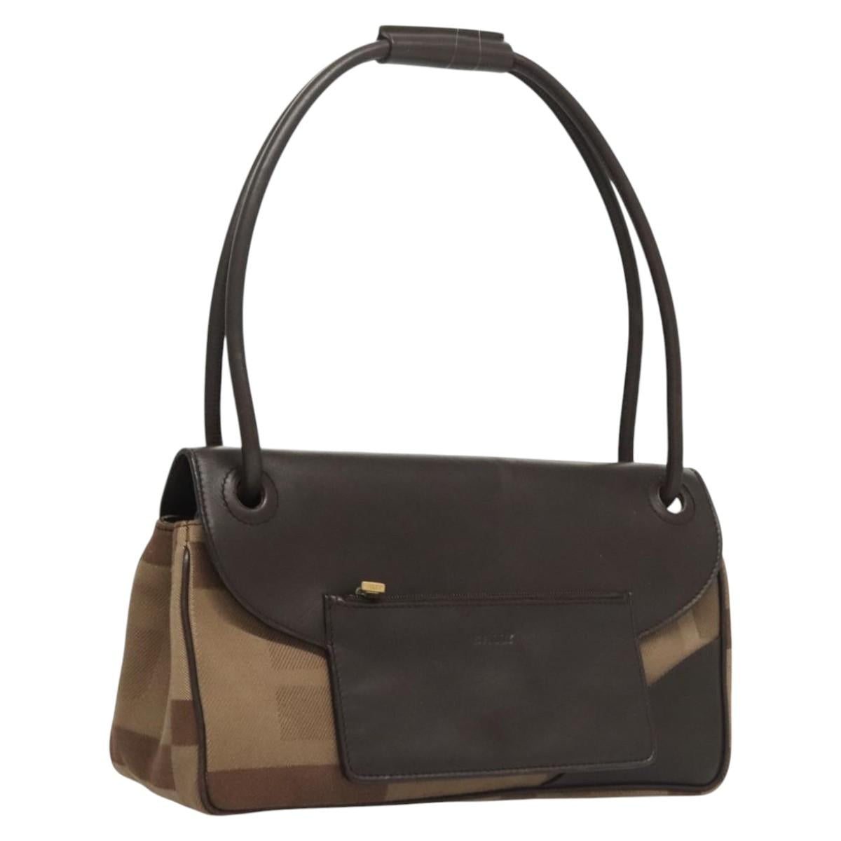 BALLY Shoulder Bag Canvas Leather Brown Gold Auth BA1707