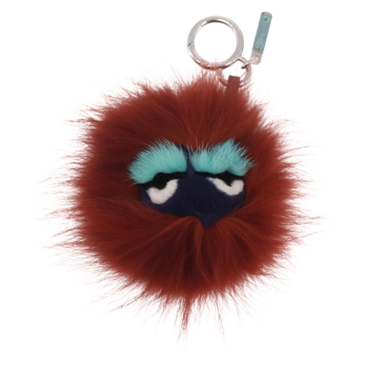 FENDI Bagbugs Monster Charm Fur Brown Silver Auth BA17083A