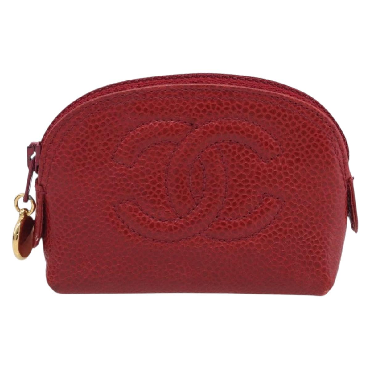 CHANEL COCO Mark Coin Purse Caviar Skin Red Gold CC Auth BA17101