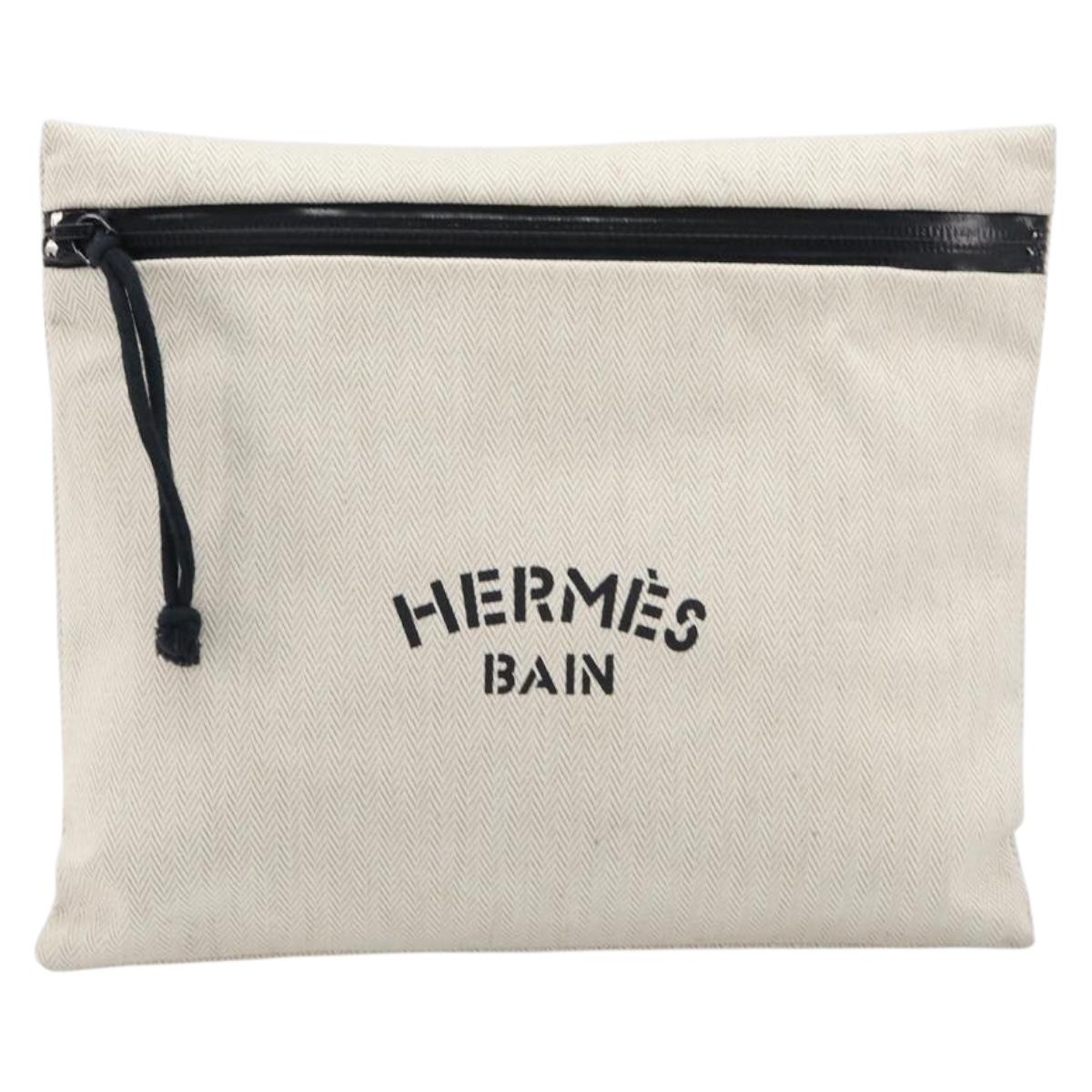 HERMES BAIN Pouch Canvas White Black Auth BA17107