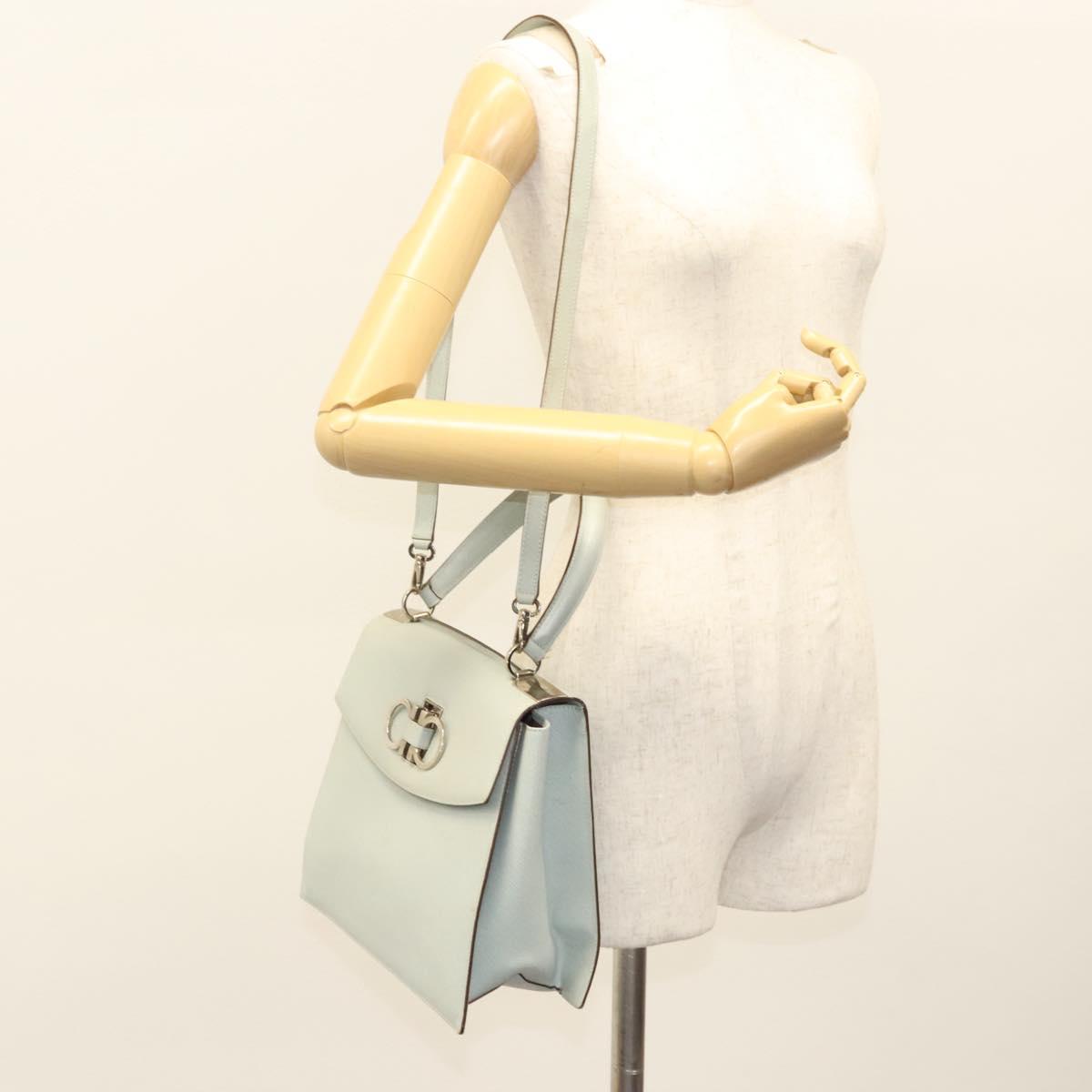 Salvatore Ferragamo Gancini Hand Bag Safiano 2way Light Blue Silver Auth BA1740
