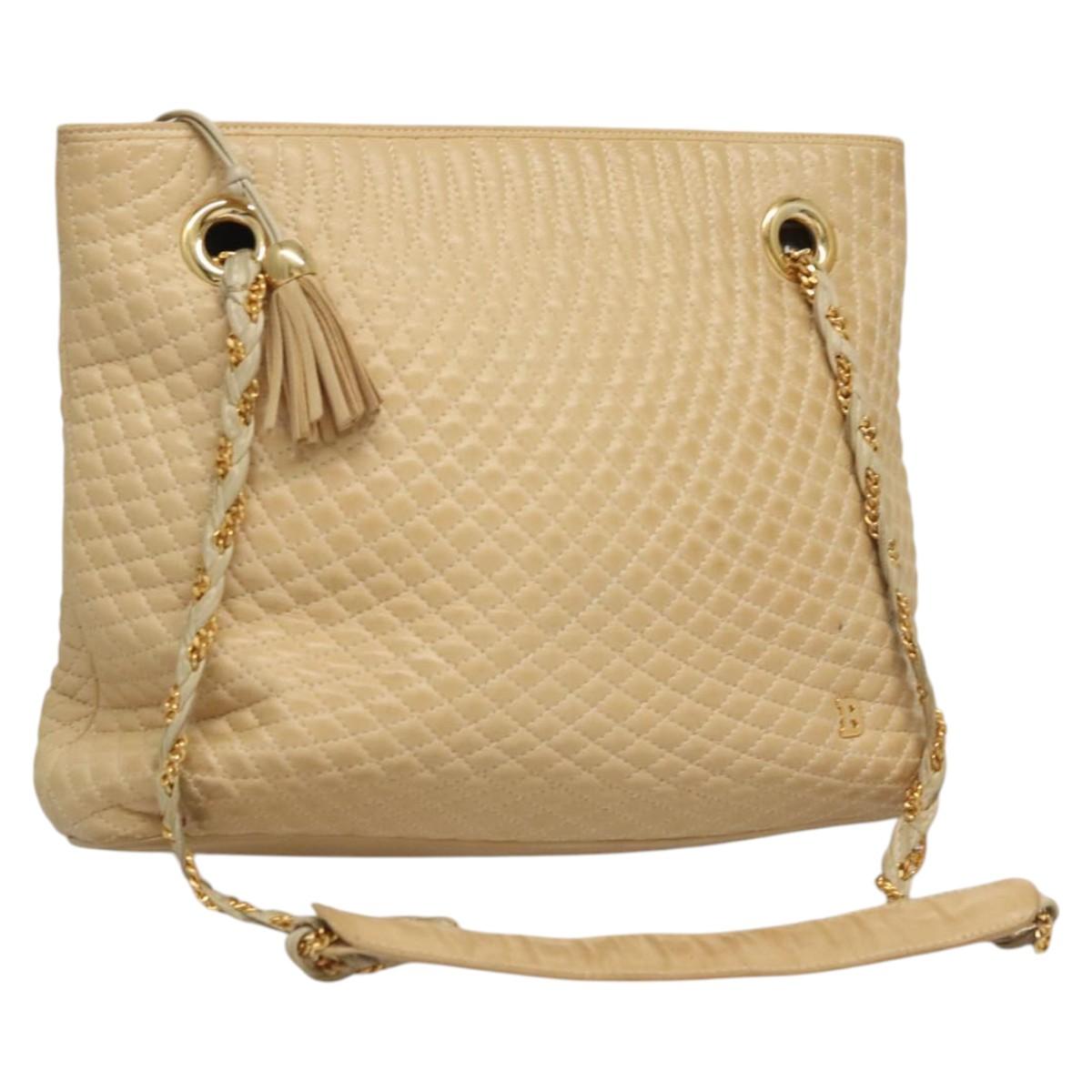 BALLY Quilted Chain Shoulder Bag Leather Beige Gold Auth BA1743